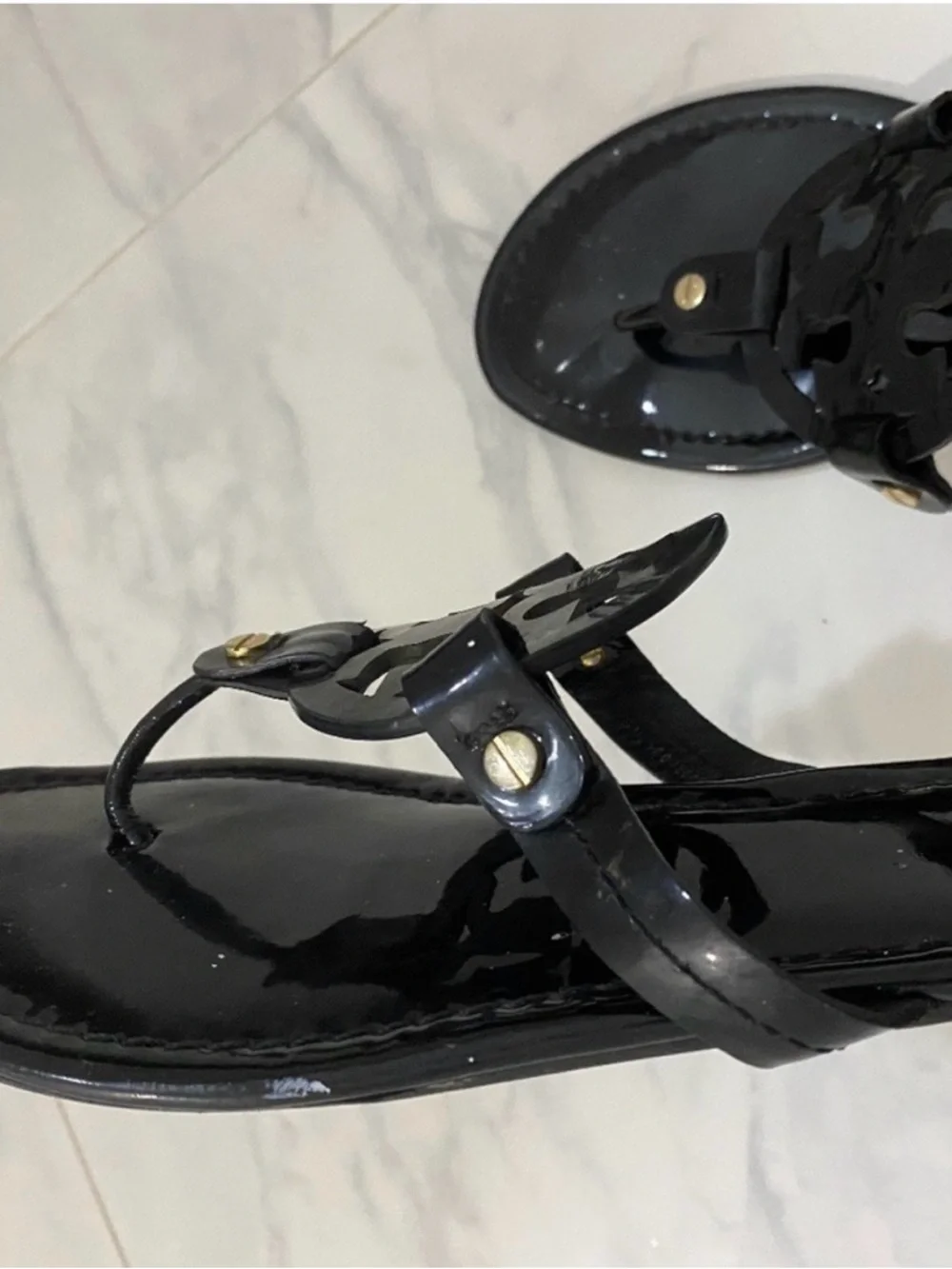 Tory Burch Black Patent Logo Thong Sandals